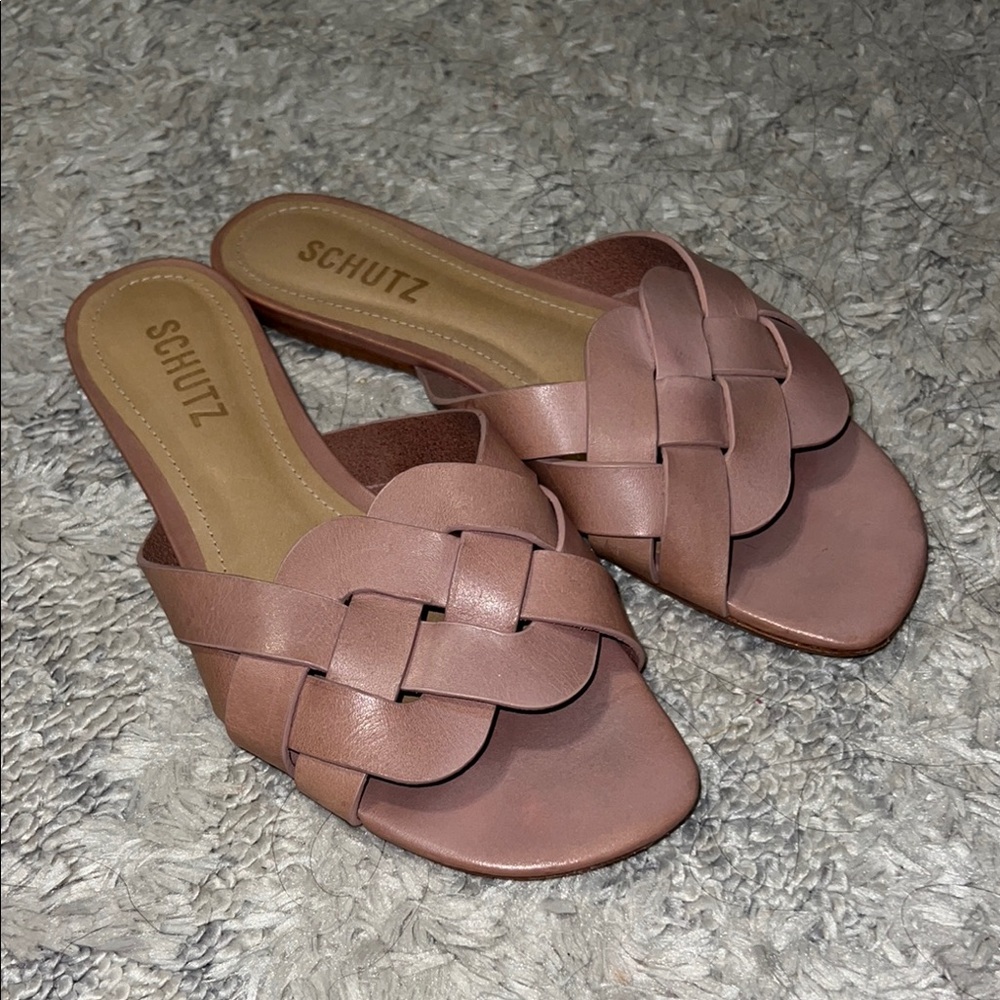 Schutz Womens Size 6.5 Sweet Rose Pink Woven Leather Slide Sandals